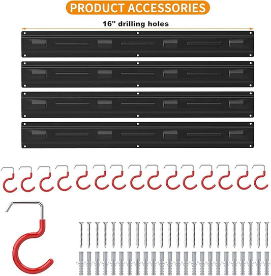 Storage Rack for Garden Tools, 64 Inch Black Metal Wall Mount with 16 Hooks