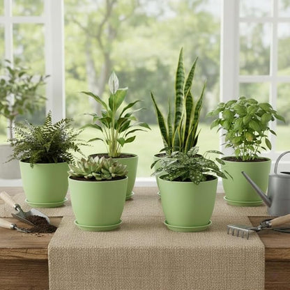 Plant Pots 8 Inch Set of 6, Flower Pots with Drainage Holes and Saucer, Plastic Garden Planters for Indoor & Outdoor Plants (Green)