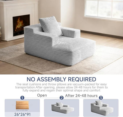 45'' Chaise Lounge Chair Indoor, Corduroy Upholstered Boneless Sofa Bed, Deep Seat Sleeper Couch Reading Chairs, Small Comfy Cloud Sofas Couches for Living Room, Bedroom, Movie Room (LightGray)