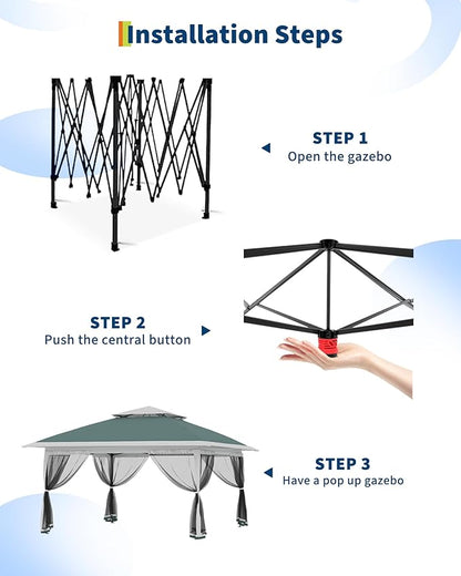 Canopy Tent 12x12 ft, Pop Up Gazebo One-Push Setup with 4 SandBags for Backyard Parties and BBQs, Mosquito Netting & Height Adjustable - Green