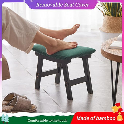 Foot Stool,Ottoman,Bamboo Small Sofa Foot Rest Under Desk,Extra Seating for Living Room, Bedroom and Kitchen (Black Stool Legs - Green Surface)