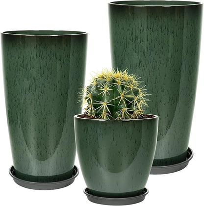 24/21/12 Inch Large Plastic Planter, Lightweight Ceramic-Look Tall Planters with Drain Hole & Saucers, Tall Plastic Planters for Porch, Garden, Patio, Balcony(Dark Green)