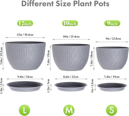 Large Flower Pots 12/10/9 inch, 3 Set Big Plant Pots for Outdoor Indoor Plants with Water Ripples, Wide Plastic Planters with Drainage Holes and Saucers for Garden House Plants, Speckled Grey