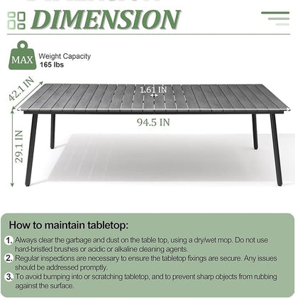 95" Patio Outdoor Dining Table for 8-10, Weather-Resistant Aluminum Frame with Wood-Grain Top & Umbrella Hole for Deck Gatherings, Grey