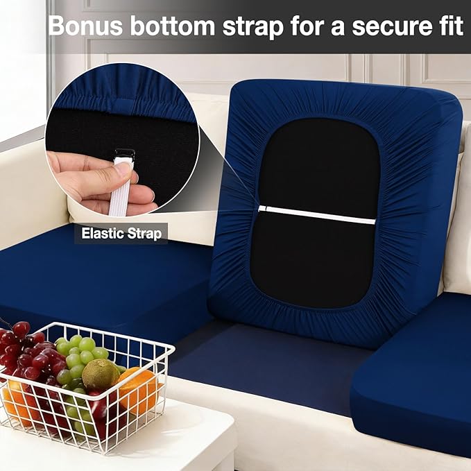 Cushion Covers, 8-Piece Navy Stretch Set with Non-Slip Straps