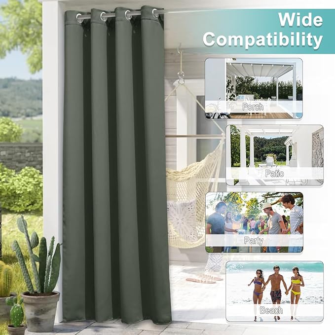 NICETOWN 2 Panels Greyish Green Outdoor Curtains for Patio Waterproof 95 inches Long, Thermal Light Blocking Rustproof Grommet Outdoor Indoor Window Treatments for Porch, W52 x L95
