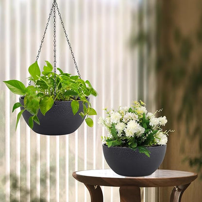 10 inch Hanging Planters for Indoor Outdoor Plants, 2 Pack Hanging Flower Pots with Drainage Holes and Chain for Garden Porch, Round Plastic Hanging Baskets for House Plants, Black