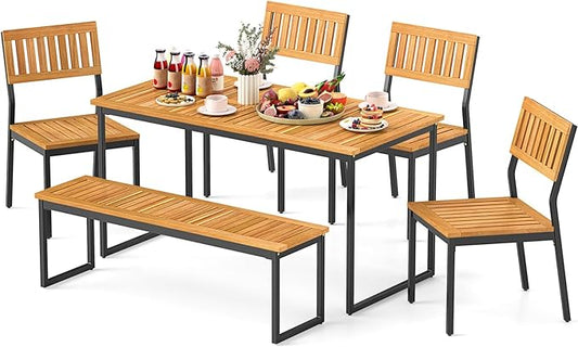 Tangkula 6 Pieces Outdoor Acacia Wood Dining Set, Patio Table and Chairs Set with Bench and 2” Umbrella Hole, Outdoor Patio Dining Furniture Set for Lawn, Garden, Poolside, Backyard