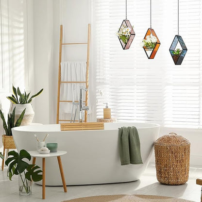Yaomiao 3 Pcs Stained Glass Hanging Plant Terrariums Hanging Glass Planter Small Geometric Terrarium Air Plant Terrarium with Chain for Succulent Moss Holders Garden Wall Windowsill (Vivid Color)