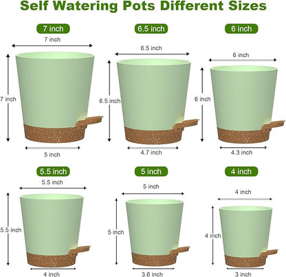 Self Watering Pots, 7/6.5/6/5.5/5/4 inch Flower Pots with Multi Mesh Drainage Holes, Small Platic Planters for Indoor Outdoor Garden Plants and Flowers (Green with Brown Tray, 7"+6.5"+6"+5.5"+5"+4")
