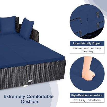 RELAX4LIFE Rattan Patio Outdoor Daybed, Wicker 2-Person Sunbed Loveseat with Soft Cushions, 4 Pillows, Curved Backrest & Armrest, Double Bed Lounger Sofa Set for Balcony Porch, Patio Bed (Navy)