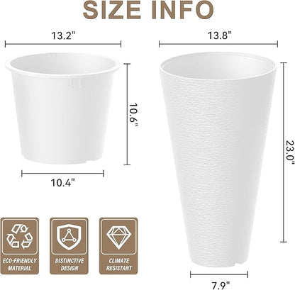 Kante Tall Round Planter Set of 2, 23 Inch Tall Decorative Planter Pots for Outdoor Indoor Garden Patio Front Porch (White)