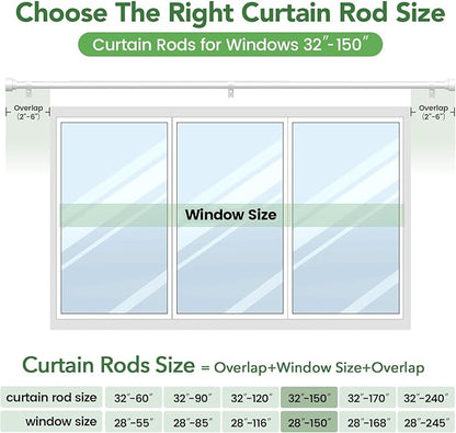 Curtain Rods for Windows 72 to 144, 1 Inch Adjustable White Extra Long Heavy Duty Curtain Rod for Patio Bedroom, Modern Style Indoor Outdoor Window Drapery Rods with End Caps, Size 32" - 150"