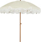 AMMSUN 6.5ft Boho Outdoor Umbrella with Fringe, UPF 50+ Picnic Umbrella with Tassels, Premium Steel Pole and Push Button Tilt, Light Beige