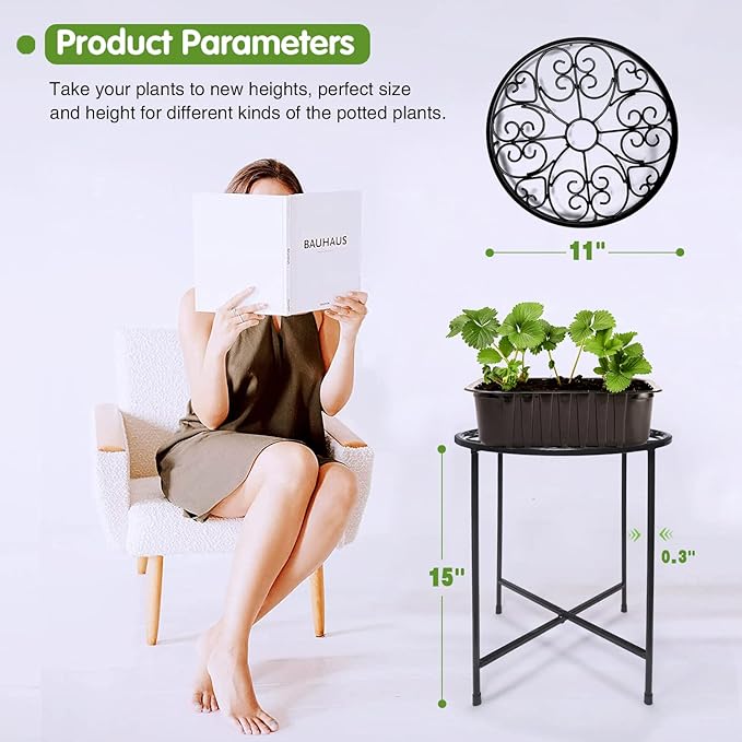 Plant Stand Indoor Outdoor, 15" Tall Flower Pot Stand, Round Metal Corner Plant Stand for Flower Pot, Rustproof Flower Plant Holder for Home, Garden, Patio, Plant Lovers, Housewarming (Set of 1)