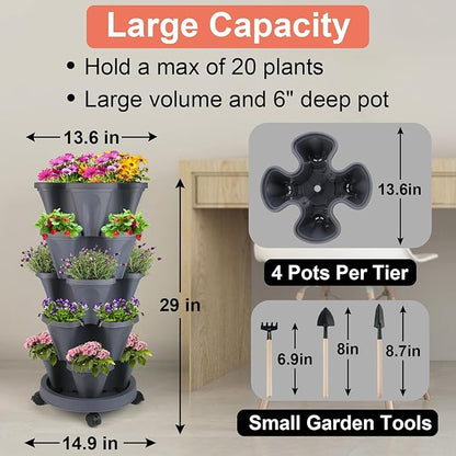 GameXcel Vertical Planter 5 Tier Stackable Planters Garden Planters Strawberry Herb Flower and Vegetable Planter Indoor Outdoor Gardening Pots with Removable Wheels and Tools - Dark Gray
