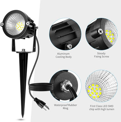 Outdoor Spotlight Cool White 6000K, 10W LED Spot Lights Outdoor for Yard Garden Tree, 120V Plug in Landscape Lighting with IP65 Waterproof for Halloween Christmas Decor, 4 Pack