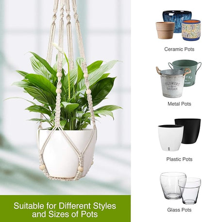 Macrame Plant Hanger Indoor Set of 4 with 8 Hooks, Indoor Outdoor Hanging Planter for Plants Holder with Decorative Wood Beads & No Tassels, Boho Home Decor, 35 Inch Ivory (Pots Not Included)