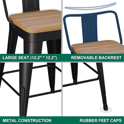 WENTMENT Metal Bar Stools Set of 2 Counter Height Barstools with Removable Back 26" Kitchen Bar Stools with Wooden Seat, Black