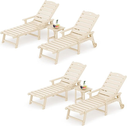 LUE BONA Chaise Lounge Chair with Table, 6-Piece, HDPS Chaise Lounger, 5 Positions Adjustable Lounge Chairs, Pool Lounge Chair with Wheels for Poolside, Backyard, Sand