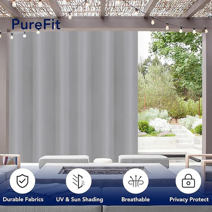 PureFit Outdoor Curtains for Patio Waterproof Weatherproof, UV Resistant Outside Curtains for Gazebo, Front Porch, Pergola, Sun Blocking Privacy Curtain, 100W x 108L inch, 1 Panel, Light Gray