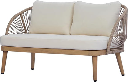 Merax 4-Piece Acacia Wood Patio Conversation Set - Curved Tub Loveseat & Chairs with Woven Rope Accents,Slatted Coffee Table & Weather-Resistant Cushions for Outdoor Deck,Garden or Balcony,Teak+ Beige