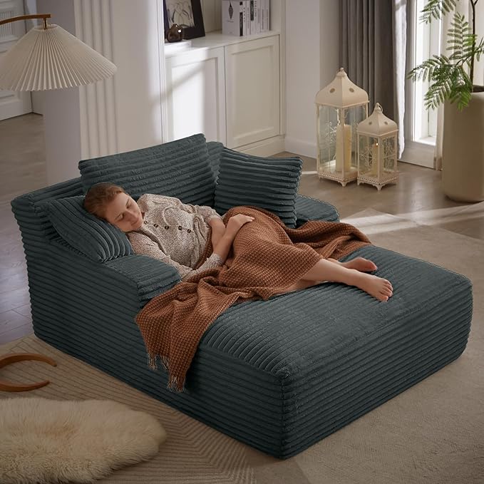 50 Inch Chaise Lounge Chair Indoor, Oversized Corduroy Upholstered Boneless Sofa Bed, Deep Seat Sleeper Couch Reading Chairs, Cloud Sofas Couches for Living Room, No Assembly Required (Dark Grey)