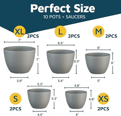 Planter Pots with Drainage Holes - Lightweight, Durable & Space-Saving Pots for Indoor and Outdoor - Versatile Functionality, Simple Modern Design, Set of 10 Plastic Planter Pots - Gray