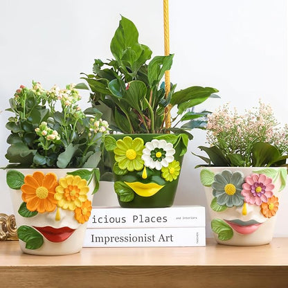 GUGUGO Abstract Face Flower Planters Colorful Unique Rainbow Head Planter with Drainage, Cute Flower Plant pot for Indoor Plants, Eclectic Succulent Gardening Pot for Home Décor (Orange&Yellow, 5Inch)