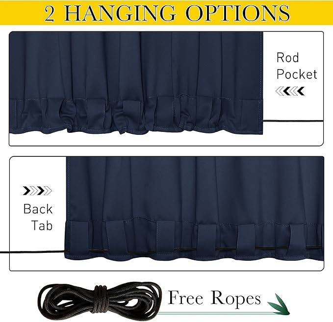 NICETOWN 2 Panels Outdoor Curtains for Patio Waterproof Extra Long 108", Windproof Thermal Insulated Top & Bottom Grommet & Back Tab Blackout Porch Drapes with Rope for Fixed, Navy Blue, 104" Wide