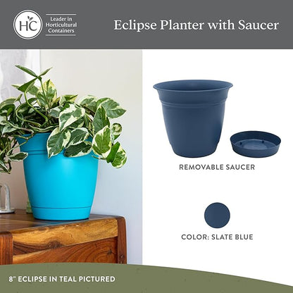 The HC Companies 16 Inch Eclipse Round Planter Pots with Drainage Holes & Attached Saucer, Lightweight UV-Resistant Plastic Indoor & Outdoor Planters, 2-Pack Flower Pots, Garden Home Decor, Slate Blue