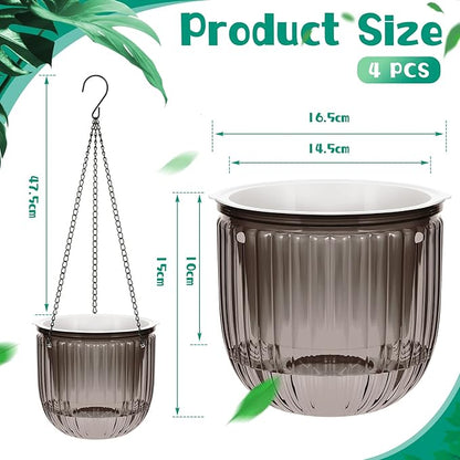 Meanplan 4 Pcs Self Watering Hanging Planter Indoor 6.5 Inch Hanging Baskets for Plants Outdoor Plastic Flower Pot with 3 Hooks Chains Drainage Holes for Garden Home, Medium Size(Gray)