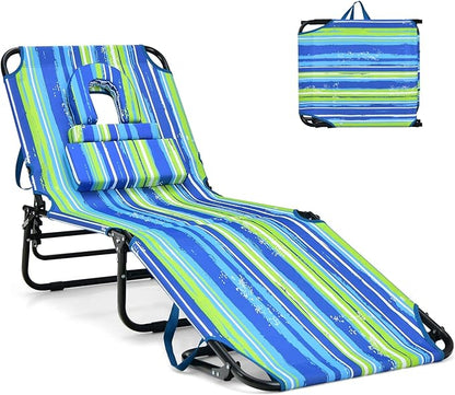 GYMAX Tanning Chair, 350lbs Beach Lounge Chair with Face Hole, Washable Pillow & Carry Strap, Adjustable Folding Chaise Lounge, Layout Chair for Outside, Patio, Poolside, Lawn (1, Stripe)