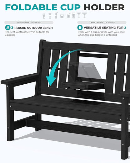 SERWALL Outdoor Bench with Cup Holder, 58" HDPE Garden Park Bench Suitable for 3 Person, All Weather Patio Benches with High Backrest and Wide Armrests for Garden, Park, Yard, Front Porch, Black