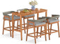 Tangkula 5 Piece Patio Bar Set, Outdoor Acacia Wood Counter Height Table with 4 Cushioned Barstools with Curved Rattan Back and Footrest, for Backyard, Poolside, Balcony