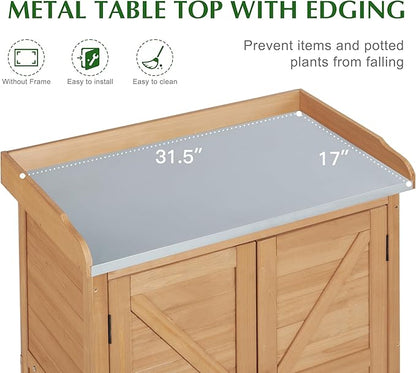 Outdoor Storage Cabinet & Potting Bench Table with Metal Top, Wooden Patio Furniture, Garden Workstation (Light Brwon, 39x31.5x17in)