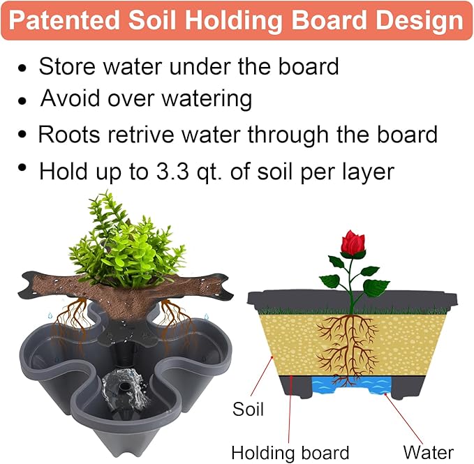 DUNCHATY Stackable Planter, Vertical Garden Planter with Wheels and Tools, Self Watering Strawberry Planter Indoor/Outdoor 6 Tier Herb Planter Pots for Growing Vegetables and Succulents, Dark Gray