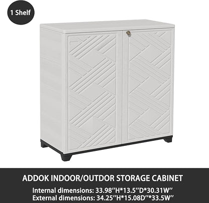 ADDOK Indoor Outdoor Plastic Storage Cabinet 34"x15"x34" with 1 Shelf, Outdoor Storage Shed for Living Room, Hallway, Balcony, Garage, Garden, Backyard-White