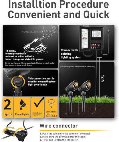 Malibu Landscape Lighting Outdoor 50W Spotlight Waterproof Halogen Floodlight Low Voltage Lights 380Lumen Warm White with Stake for Garden Yard Pathway Lawn Driveway Outdoor Lighting 8301-9601