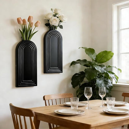 2 Pack Wooden Wall Vase Set, Boho Hanging Planter for Indoor Plants & Flowers, Wood Wall-Mounted Planters for Living Room, Modern Farmhouse Entryway or Bathroom, Rustic Art for Home (Black)