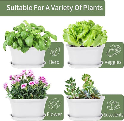 Windowsill Garden Pots, White Plastic Flower Pots with Drainage Tray for Herb, Succulents, African Violet (Pack of 6)