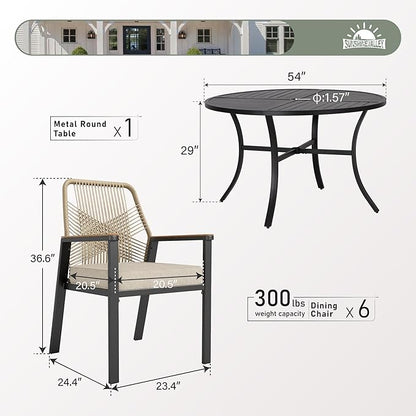 7 Pieces Patio Dining Set, 6 x Woven Rattan Chairs with Waterproof Cushion, 54” Metal Round Dining Table with Umbrella Hole, Outdoor Table and Chairs Set for Backyard Lawn and Deck