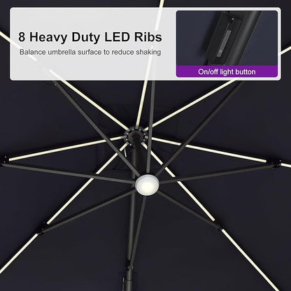 PURPLE LEAF 10 Feet Patio Umbrella with Base Outdoor Patio Solar Powered LED Swivel Square Umbrella Aluminum Offset Umbrella with 360-degree Rotation for Garden Deck Pool Patio, Navy Blue