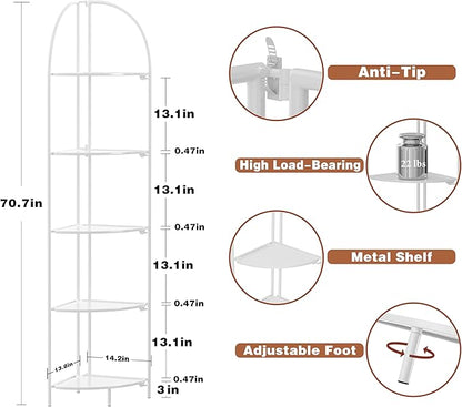 Crofy Foldable 5 Tier Corner Shelf, Metal Corner Plant Stand with White Frame and White Shelves, Corner Display Rack Multipurpose Shelving Unit for Living Room, Bedroom, Bathroom