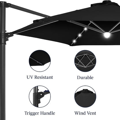 Best Choice Products 10ft Solar LED Offset Cantilever Hanging Market Patio Umbrella, Smooth 360° Rotation, 8 Sturdy Ribs, Easy Adjustment - Black