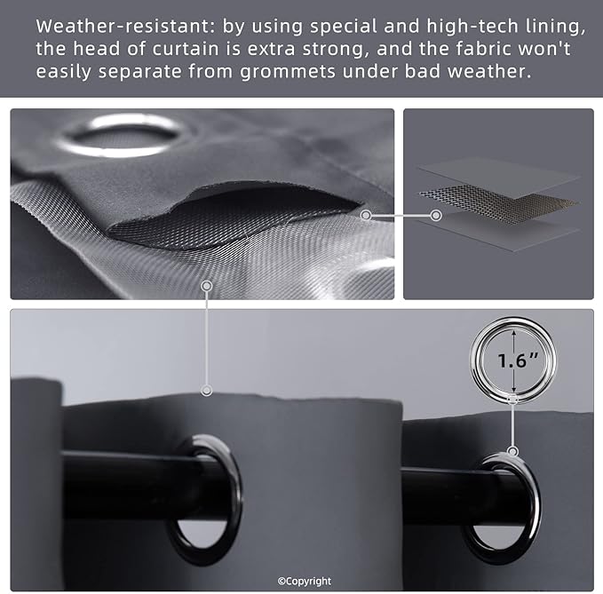 Outdoor Indoor Curtains W52 x L63 for Patio - Weather-resistant Window Panels Privacy Protect Grommet Top Thermal Insulated Home Curtain for Porch Pergola Lawn Garden Hot Tub Area (Gray, 2 Panels)