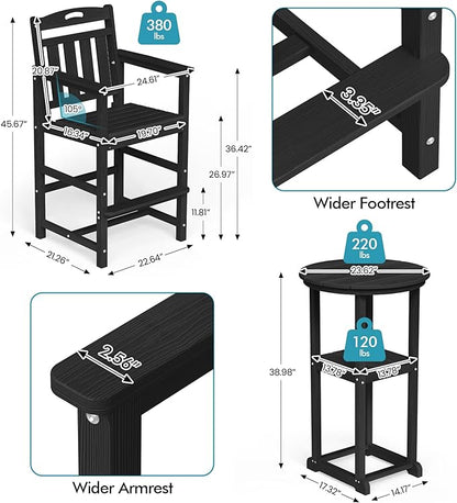 Ciokea 3-Pcs Bistro Table and Chairs, All-Weather Round High Top Bar Table with Storage Shelf and 2 Oversized Adirondack Chairs, Heavy Duty Outdoor Bar Set Patio Bistro Set for Balcony Deck, Black