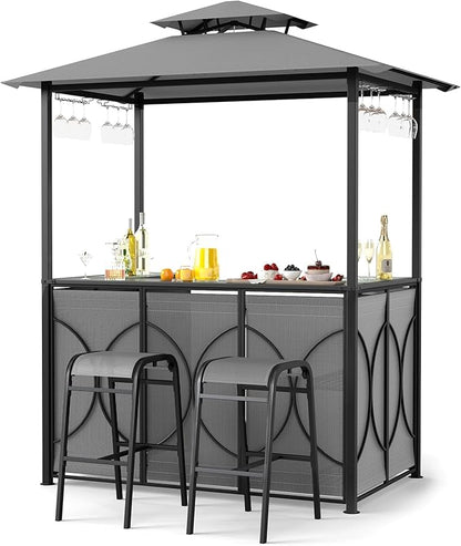 Tangkula 3-Piece Patio Bar Set, Grill Gazebo & 2 Bar Stools with Tempered Glass Bar Table, Metal Storage Shelves, Glass Holders, Double-Tier Soft Top Canopy BBQ Gazebo Shelter for Patio Garden (Grey)