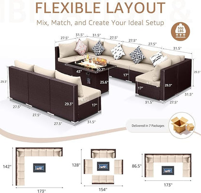 NICESOUL Modern Luxury Outdoor Patio Sectional Furniture Set with Fire Pit Table, Large Size PE Brown Wicker 29.3'' High Back Conversation Set with Natural Gas/Propane Fireplace, 11 Pieces 10 Seats