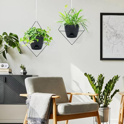 Hanging Planters for Indoor Plants, 2 Set Self Watering Hanging Flower Pots, Modern Hanging Plant Baskets with Metal Plant Holder & 6.5 Inch Plastic Pots for Garden Home Decor (Black)
